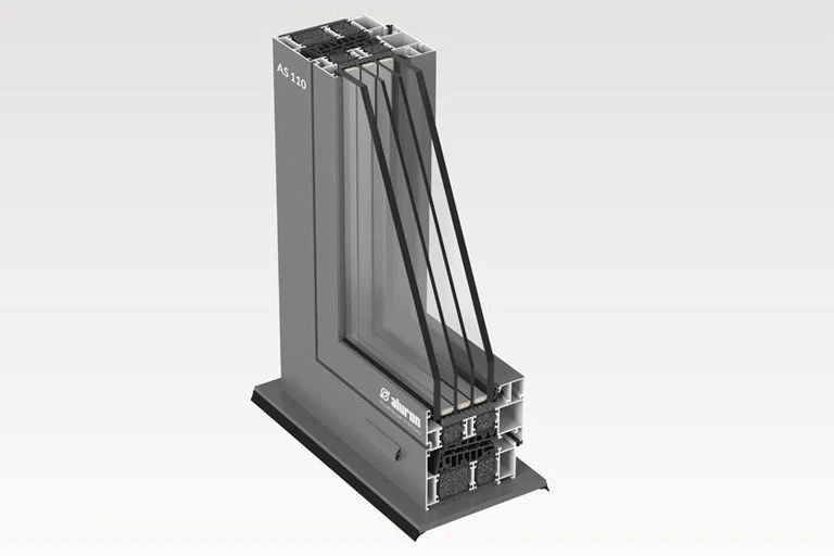 Przekrój aluminiowego profilu okiennego z potrójną szybą, Okna aluminiowe