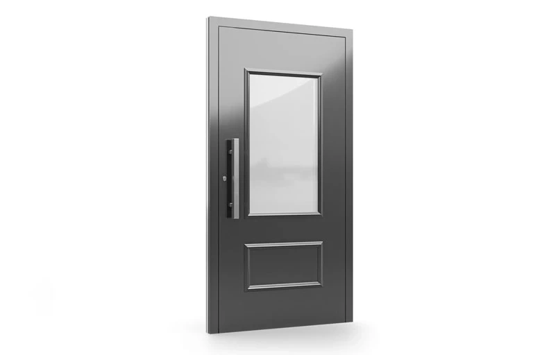 Drzwi aluminiowe z dużym przeszkleniem i nowoczesnym uchwytem