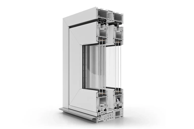 Przekrój profilu okiennego PVC z potrójnym szkleniem