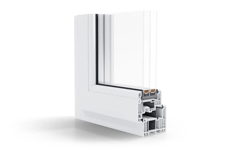 Przekrój narożnika białego profilu okiennego PVC z szybą, Okna PVC