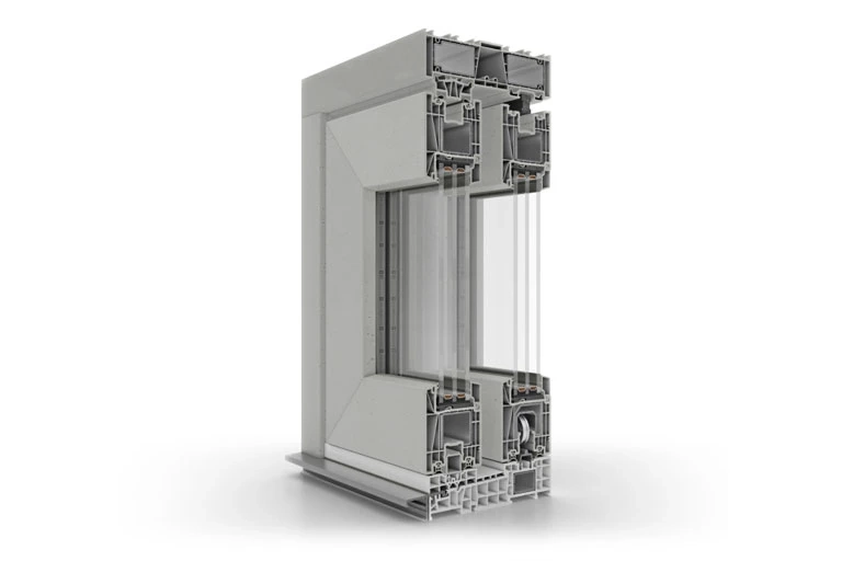 Przekrój profilu okna PVC z potrójną szybą i uszczelkami