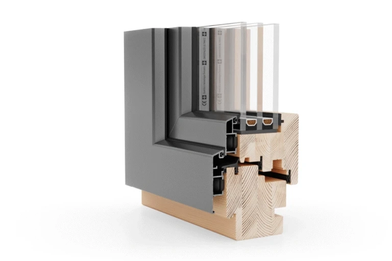 Przekrój okna aluminiowego z drewnianym rdzeniem i potrójną szybą