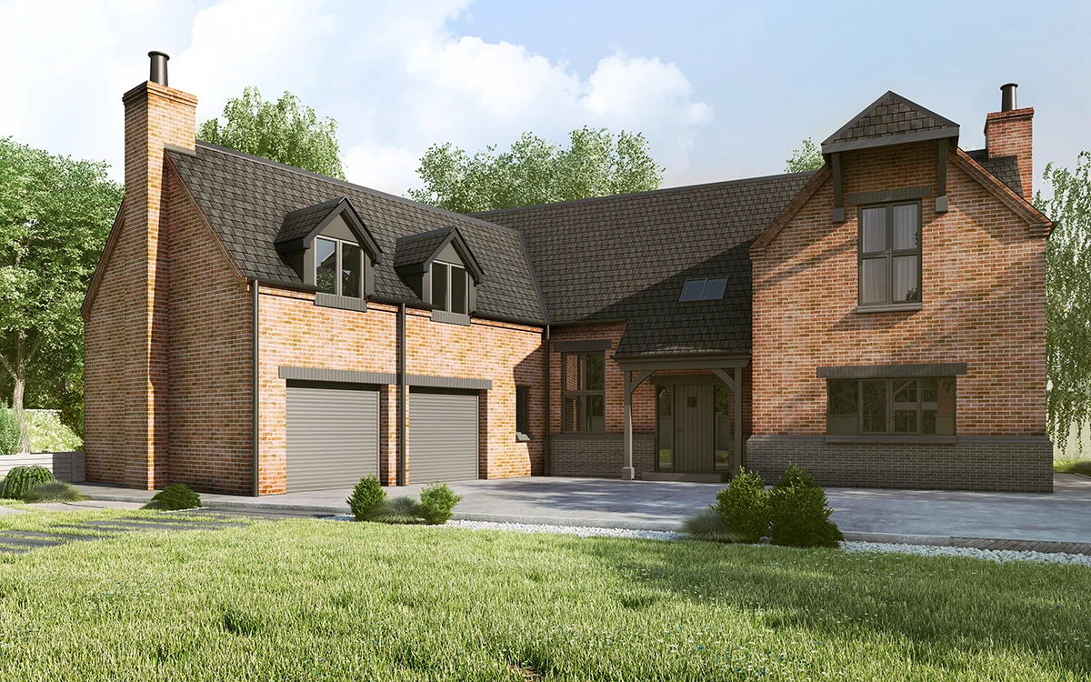 Ceglana elewacja domu z dwustanowiskową bramą garażową i stolarką okienną