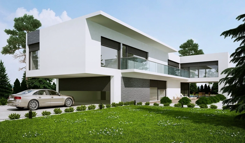 Nowoczesny biały dom z przeszklonym tarasem wyposażony w Systemy przesuwne aluminium