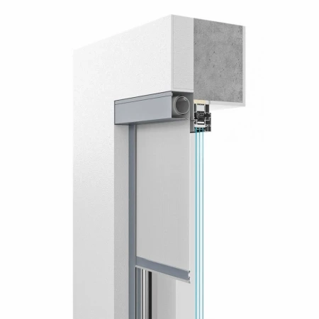 Przekrój systemu okiennego z ukrytą kasetą rolety podtynkowej w ścianie